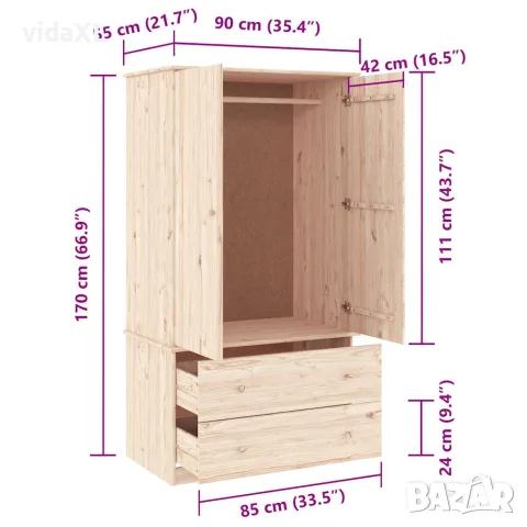 vidaXL Гардероб ALTA, 90x55x170 см, бор масив, снимка 9 - Гардероби - 56147287