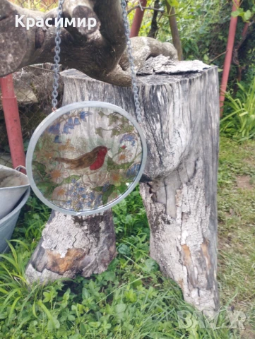 Ръчно рисуван витраж с червеношийка 📐 13,5 см. 