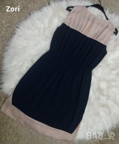 Тъмносиня рокля с бежова платка на раменете и в долния край, снимка 3 - Рокли - 40725477