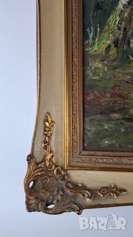 Стара картина на пейзаж с овце край малко езеро, снимка 5 - Картини - 52672648