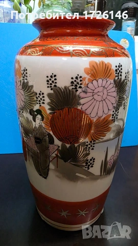 Японска порцеланова ваза (Satsuma стил), ръчно рисувана, има златни орнаменти — 21.5 см, снимка 7 - Декорация за дома - 53777915