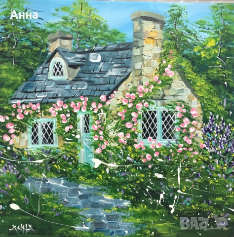 Авторска картина къща с рози, снимка 5 - Картини - 53745747
