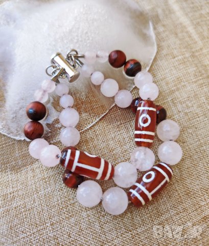 Двойна гривна на любовта с мъниста Дзи, розов кварц и червено тигрово око, снимка 6 - Гривни - 39955263