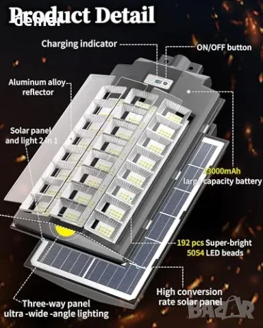 Gefolly SL-7200W соларна LED лампа 6500 K, IP67, с датчик, снимка 5 - Соларни лампи - 56338129
