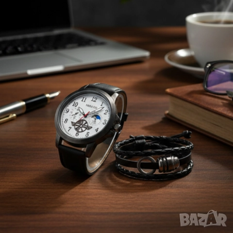 Мъжки часовник с големи цифри и подаръчна гривна – стил и практичност в готов комплект, снимка 4 - Бижутерийни комплекти - 51947431