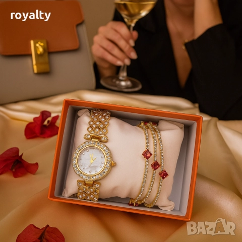 Готов сет за елегантност: кварцов часовник + 3 гривни с червени акценти, снимка 2 - Бижутерийни комплекти - 52122215