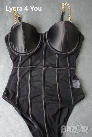 S луксозно черно боди със сатен и тюл и златисти верижни презрамки, снимка 6 - Бельо - 40552258