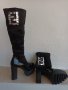 Дамски черни дълги ластични ботуши с висок ток и дебела подметка и лачена основа, снимка 8