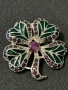 Разкошен сребърен медальон/ брошка с естествени рубини и зелен емайл , снимка 3