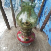 Стара газена лампа с кръгъл фитил със зелено прозрачно шише, снимка 1 - Други ценни предмети - 37030018