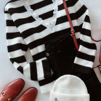 Дамски пуловер на райе в черно и бяло, снимка 3 - Блузи с дълъг ръкав и пуловери - 42717013