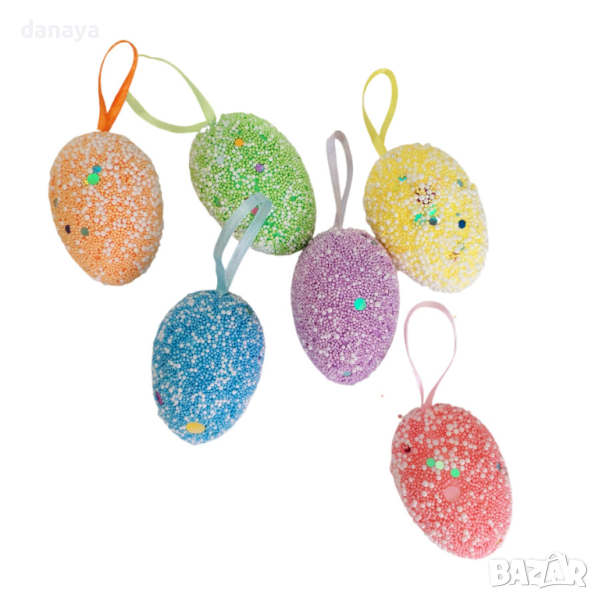 4608 Шарени великдеснки яйца за окачване с пайети, 6 броя, снимка 1
