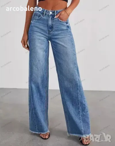 Широки дамски дънки с протрит подгъв и странични шевове, снимка 1