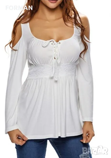 ИЗКЛЮЧИТЕЛНО КРАСИВА бяла блуза с отворени рамене и връзки при деколтето , снимка 1