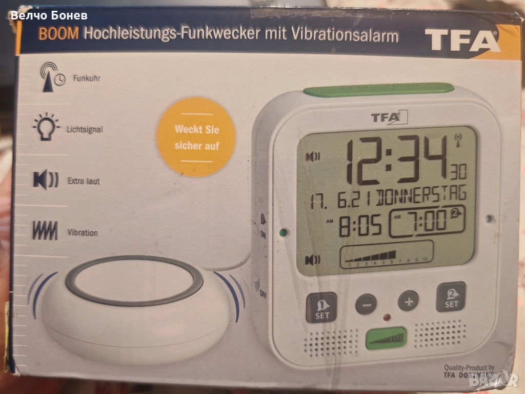 Продавам радио будилник TFA Dostmann BOOM с вибрационна подложка, снимка 1