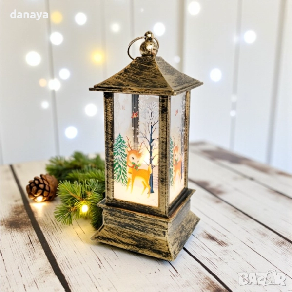 6224 Светещ коледен фенер с LED свещичка и зимни мотиви, 13 см, снимка 1