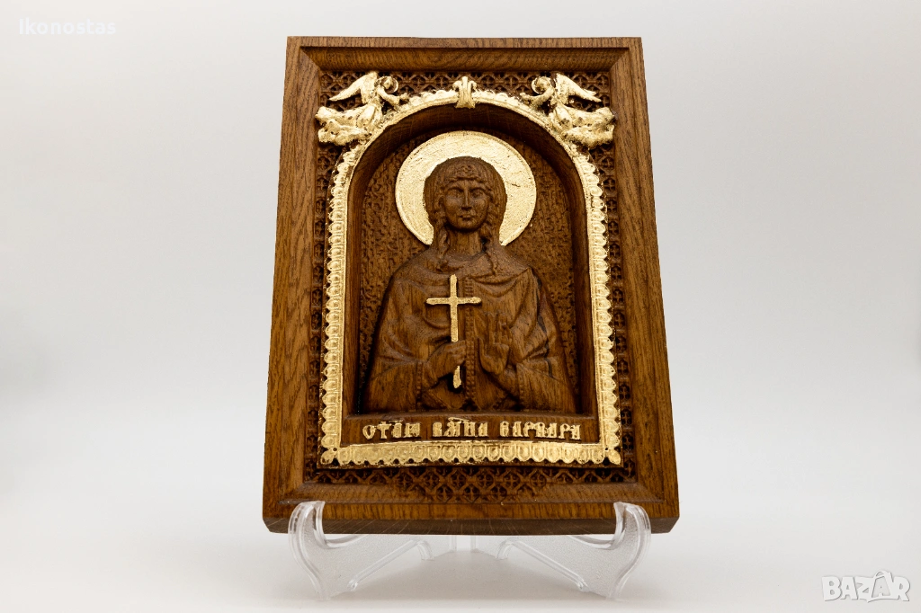 Света великомъченица Варвара – релефна икона от дъб с позлата, снимка 1