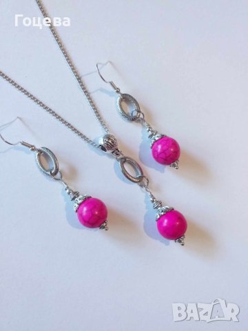 Разкошен комплект обици и колие с розов Тюркоаз и орнаменти цвят сребро , снимка 6 - Бижутерийни комплекти - 41668951