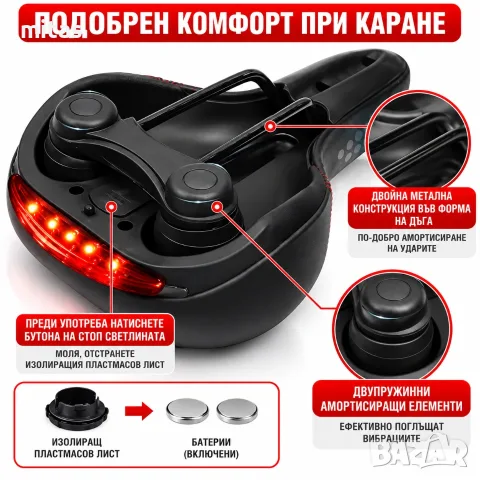 Гелова седалка за велосипед LUTA с LED стоп, Мемори пяна, Ергономична, Универсална, снимка 5 - Части за велосипеди - 44247100