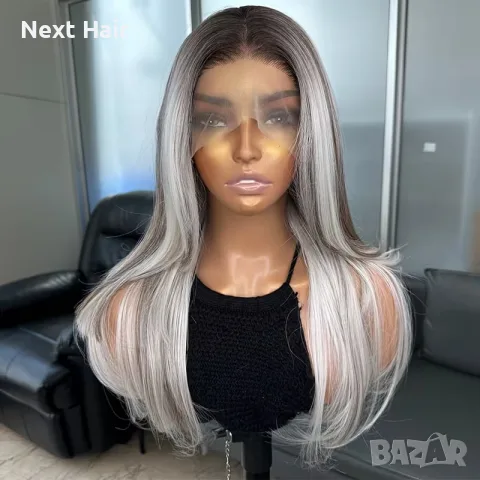 Елегантна сребристо руса перука с тъмни корени - 13×4 Lace Front, снимка 2 - Аксесоари за коса - 56003317
