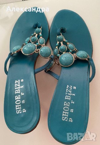 Чехли от естествена кожа с тюркоазени камъни, снимка 2 - Чехли - 42011237