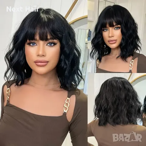 Черна къса вълнообразна перука с бретон, снимка 1