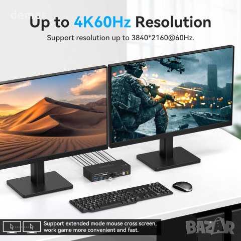 VPFET HDMI KVM превключвател 2 монитора 2 компютъра 4K60HZ, снимка 4 - Кабели и адаптери - 44161754