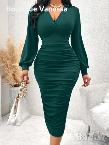 Дамска рокля с дълъг ръкав в зелено 