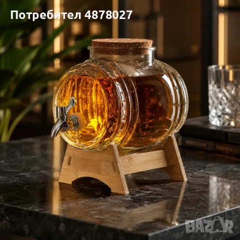Стъклено буре с кранче 3L и дървена стойка – Стилно сервиране на напитки, идеален подарък, снимка 2 - Бидони, бурета и бъчви - 55874475