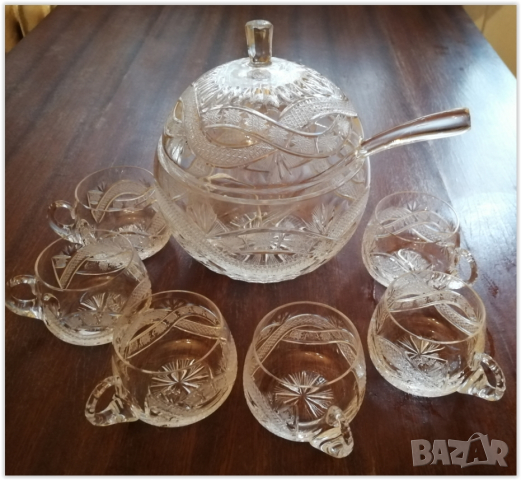 Кристален съд за боле с шест чаши и черпак, снимка 5 - Декорация за дома - 36299791