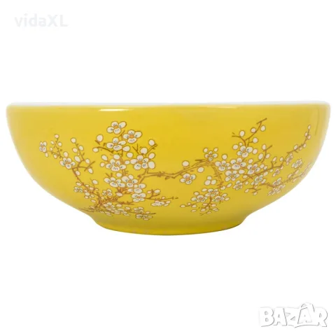 vidaXL Мивка за плот, бяло и жълто, кръгла, Φ41x14 см, керамика
