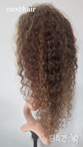 Естествена афро къдрава перука от 100% човешка коса - кафява с руси кичури, 13x4 дантела, снимка 7 - Аксесоари за коса - 53294300