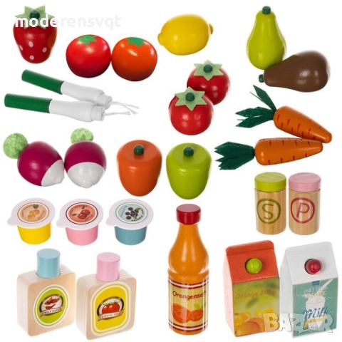 Дървен супермаркет за деца с касов апарат, аксесоари и комплект плодове, снимка 4 - Играчки за стая - 52652736