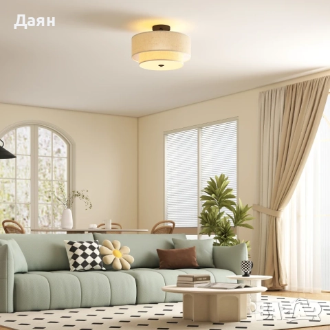 Висяща лампа HOMCOM с двоен ленен абажур, кремава, снимка 4 - Лампи за таван - 52572203