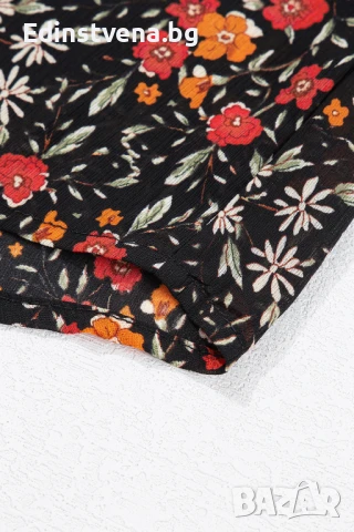 Дамска риза в черно с флорален принт и дълги буфан ръкави, снимка 9 - Ризи - 50849661