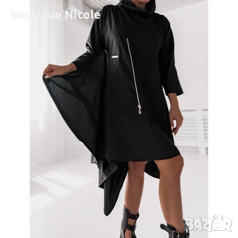 Черна асиметрична рокля с ципове  , снимка 3 - Рокли - 53707817