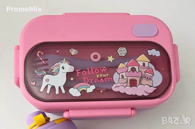 Детска кутия за храна Еднорог и приказен замък Комплект кутия за храна с прибори Кутия за училище , снимка 3 - Кутии за храна - 51451774