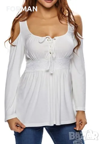 ИЗКЛЮЧИТЕЛНО КРАСИВА бяла блуза с отворени рамене и връзки при деколтето , снимка 1