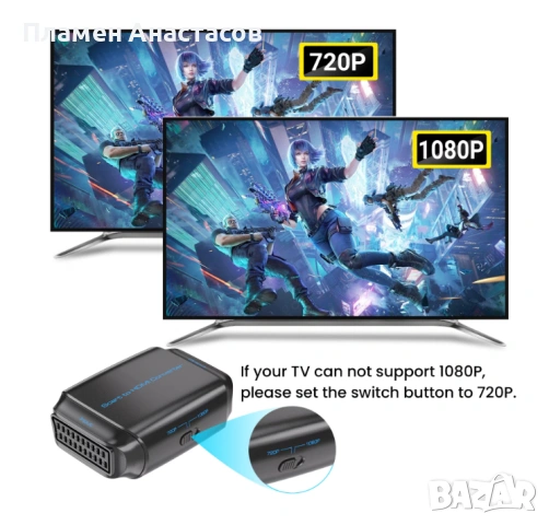 SCART към HDMI конвертор – 720P/1080P видео адаптер с USB захранване, черен, снимка 3 - Приемници и антени - 53284796