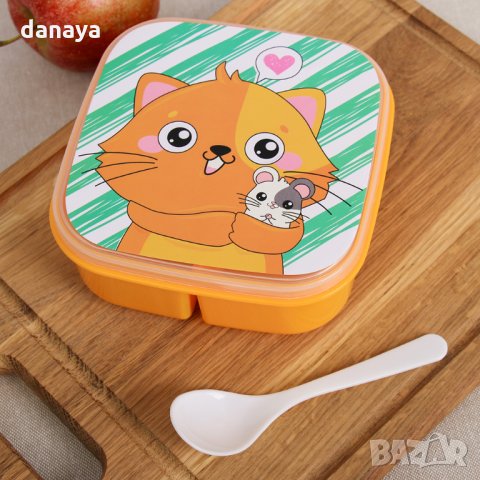 2401 Детска кутия за обяд с три отделения и лъжичка Панда/Коте, снимка 6 - Кутии за храна - 34074544