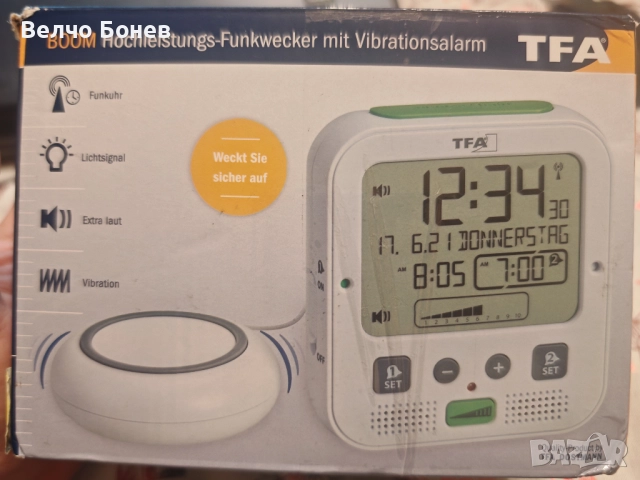 Продавам радио будилник TFA Dostmann BOOM с вибрационна подложка
