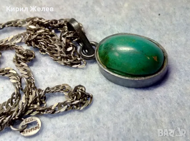 СТАРИНЕН СРЕБЪРЕН РЕТРО ПЕНДАНТ с НАТУРАЛЕН ЗЕЛЕН НЕФРИТ и СРЕБЪРНА ВЕРИЖКА МАРКОВО СРЕБРО 975 43300