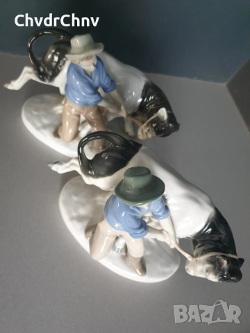 2бр GDR Lippelsdorf статуетка 22см/ГДР стара немска порцеланова фигура на селянин с крава