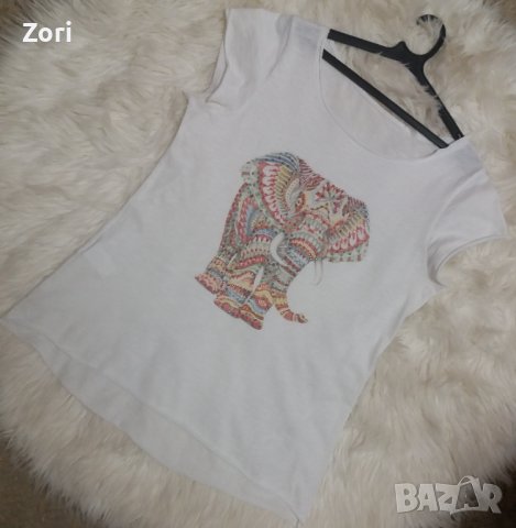 СТРАХОТНА бяла туника с удължен гръб и щампа слонче с разноцветни камъчета върху нея, снимка 1