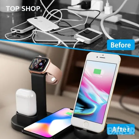 Безжично зарядно устройство 6 в 1, Съвместимо със зарядно за Airpods/iPhone/Apple Watchс,Qi устройст, снимка 3 - Безжични зарядни - 49105932