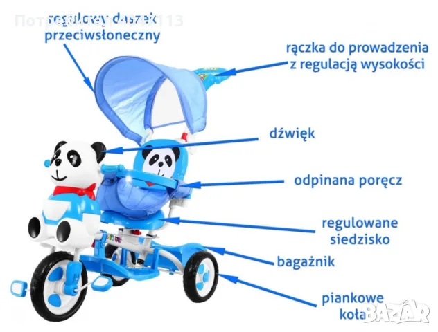 Триколесен детски велосипед Блу Панда + Звуци + Параван + Заградие + П, снимка 4 - Детски велосипеди, триколки и коли - 55954641