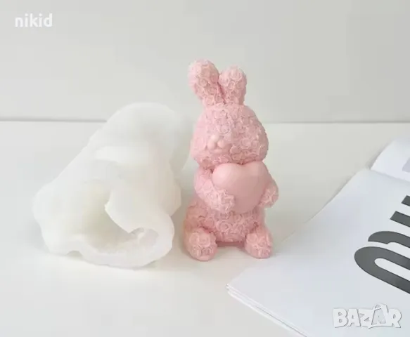 3D Заек зайче от рози и сърце силиконов молд форма фондан шоколад гипс смола свещ декор, снимка 6 - Форми - 49734109