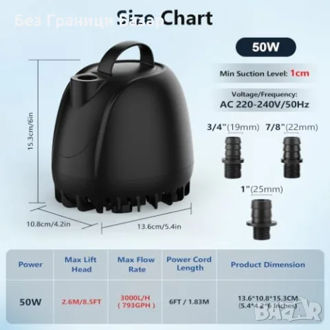 Нова Потопяема дренажна помпа hygger 50W 3000 л/ч за басейн хидропоника аквариум езерце, снимка 5 - Други - 55933752