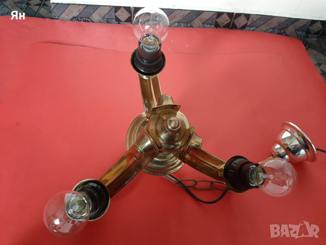 Стар Ретро Полилей Лампа от Бронз с 3 крушки, снимка 4 - Лампи за таван - 44652576