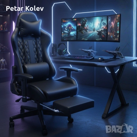 Геймърски стол с прибираща се подложка за крака и функция за масаж - черен